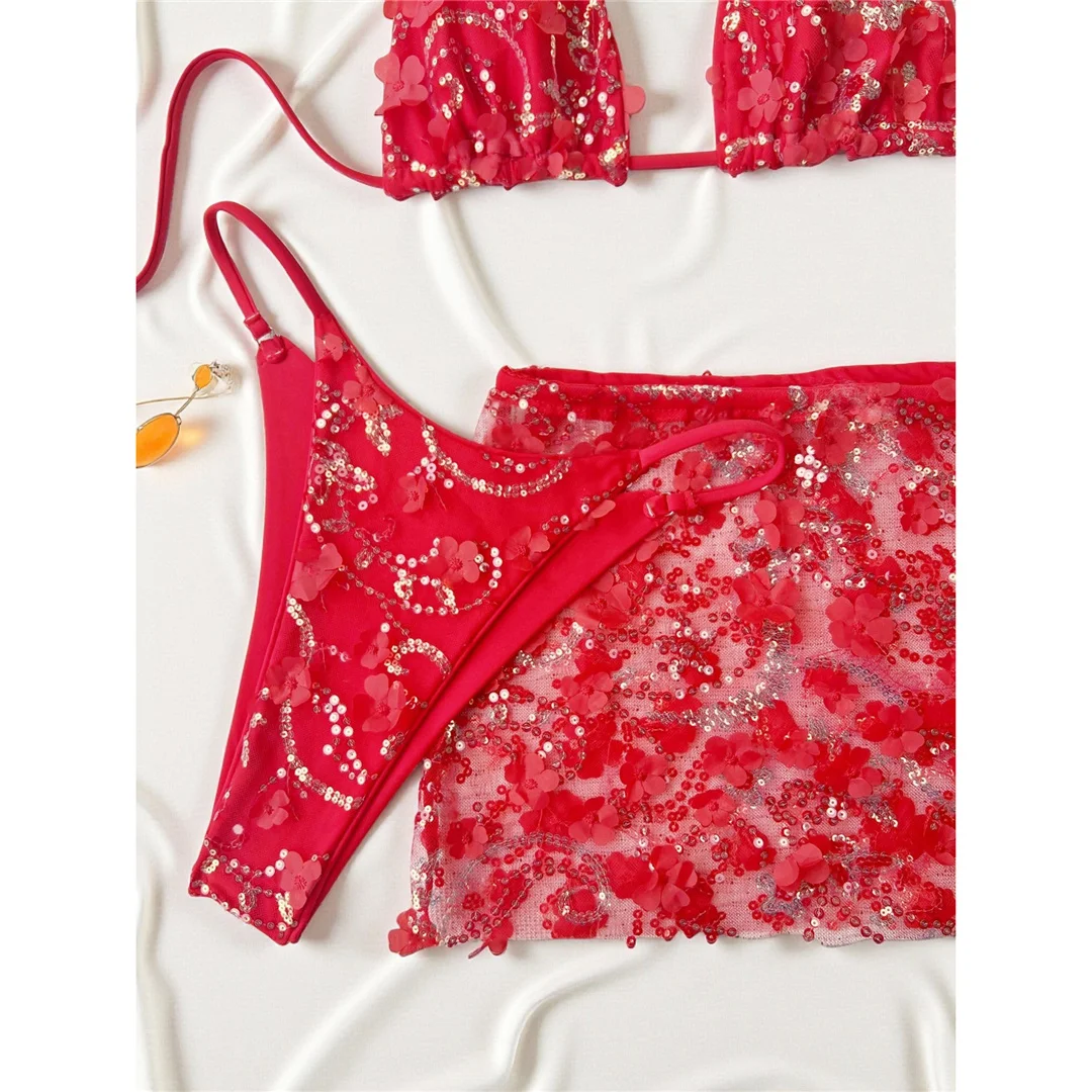 S - XL Dreiteiliges Bikini-Set mit Rock, Blumen, Pailletten, Damen-Bikini, Badeanzug, Badebekleidung, Badeanzug, Schwimmbekleidung V7864 – Detail 31