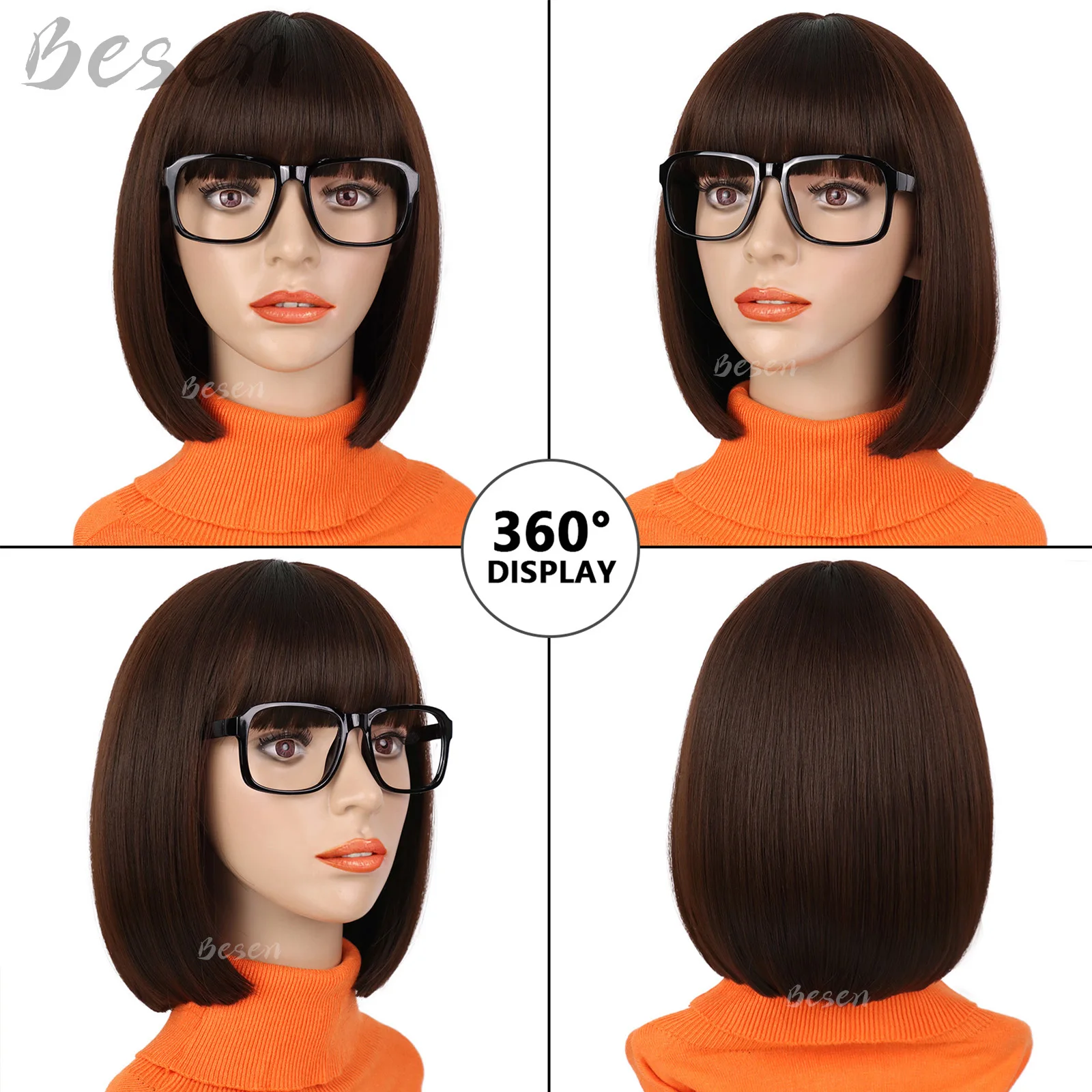 Synthetic Velma Wigs with Glasses for Women Brown Bob Wig with Bangs Women's Costume Cosplay Wigs for Daily Party Halloween Use