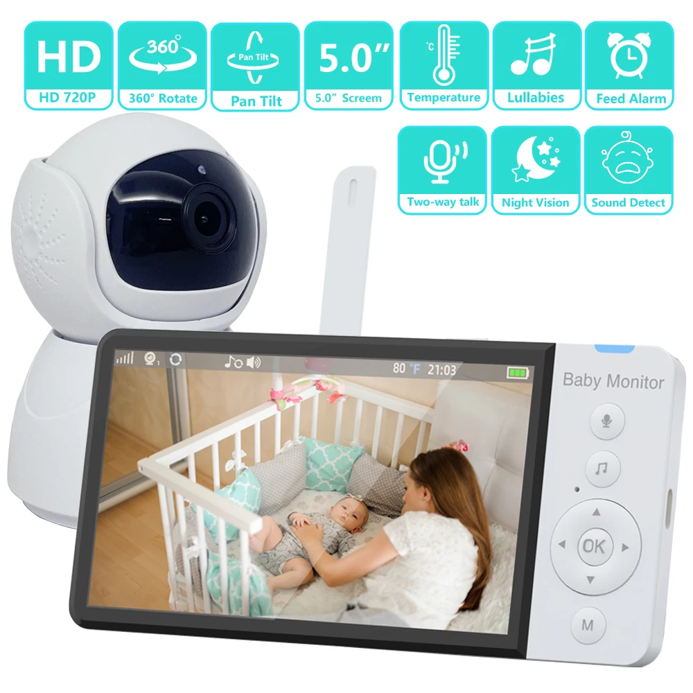 Video Baby Monitor with 5000mAh Battery, Surveillance Camera, Night Vision, Two Way Intercom, Babysitter Security, Nanny, 5.0