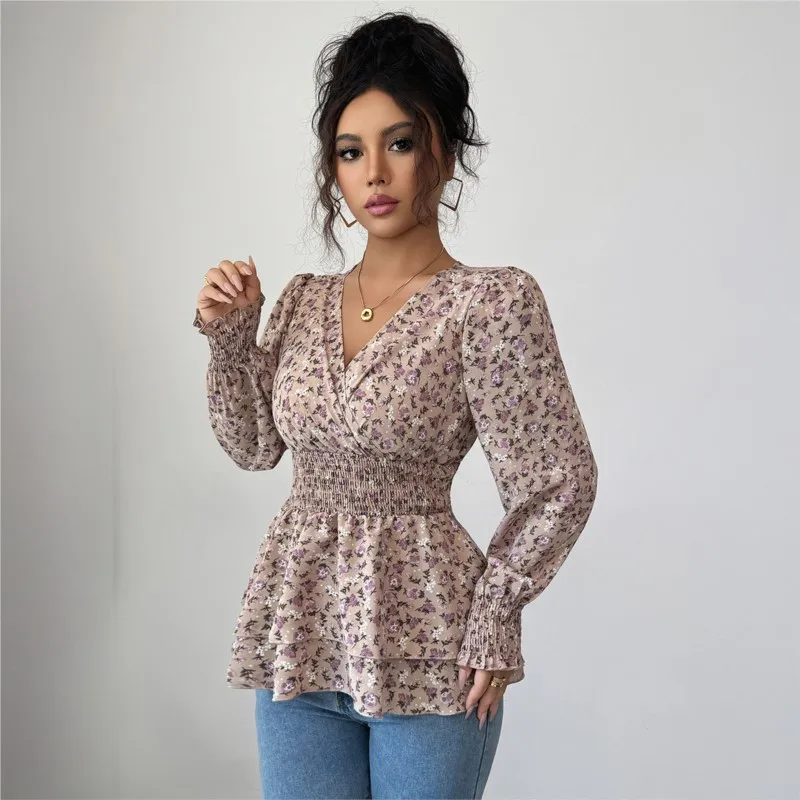 Elegance Women's Shirt Spring And Autumn Slim Flower Print Corset V-neck Puffed Sleeves Ladies Top Fresh Sweet Office Lady Tops