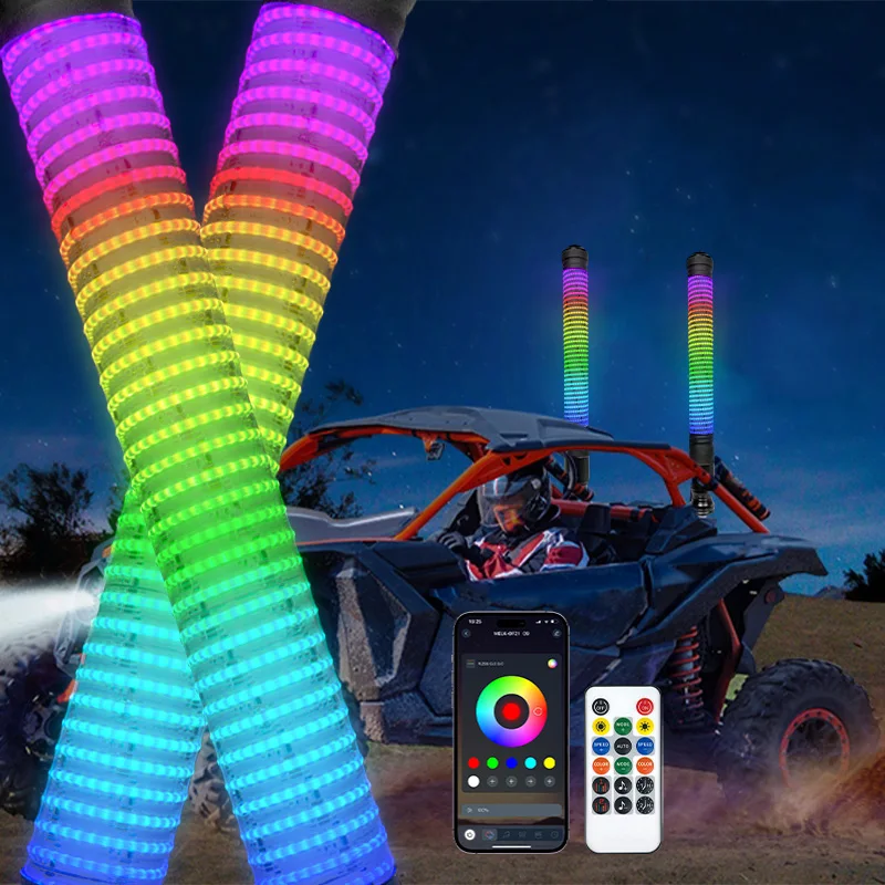 Remote App Control 2PCS 2.2 Inch 3FT High Density and High Brightness Chasing Cob Led Fat Whip Light with Brake Reverse Function