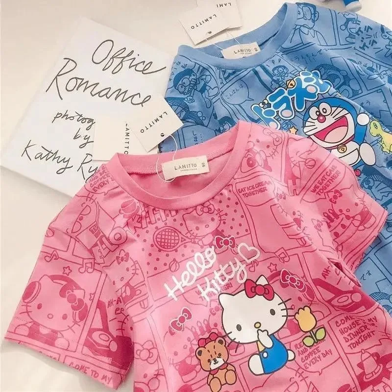 

Summer Girls Boys Kawaii Sanrio Ins Anime Casual Short Sleeve Hoodie Clothes New Cute Children Shirt Top Clothes for Boys Girls
