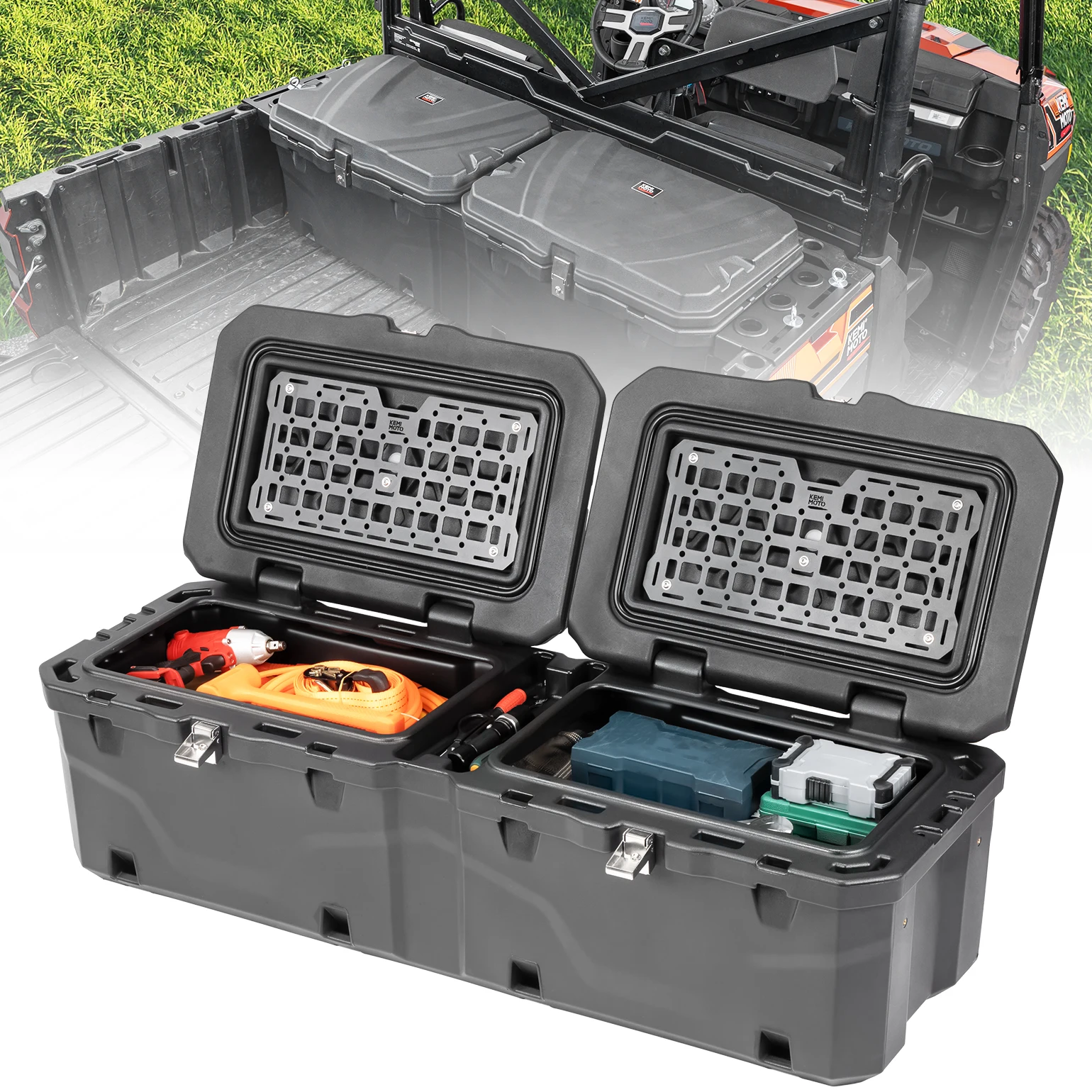 UTV 110L صندوق سرير البضائع الخلفي متوافق مع Polaris Ranger 1000 /XP 1000 /CREW XP 1000 2018-2024 29GAL صندوق تخزين الأدوات