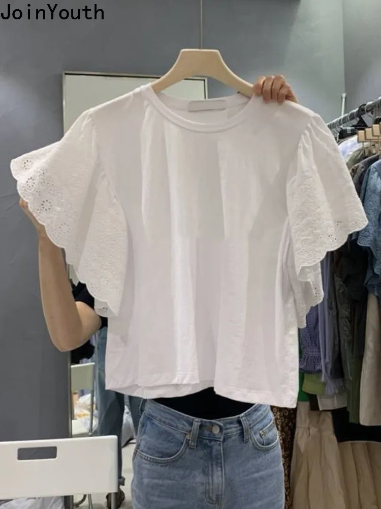 Shirts for Women Fashion Korean T Shirts Patchwork Lace Flying Sleeve Tees 2024 Ropa Mujer Y2k Tops Casual Summer Crop Tshirt