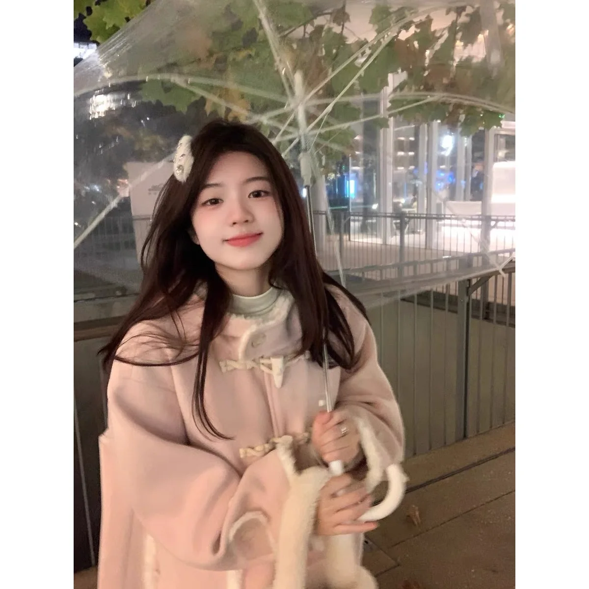 حجم كبير معطف الصوف الوردي المرأة الخريف الشتاء سميكة طويلة مقنعين سترة كسول نمط منتصف طول معطف زر إغلاق A-لي...