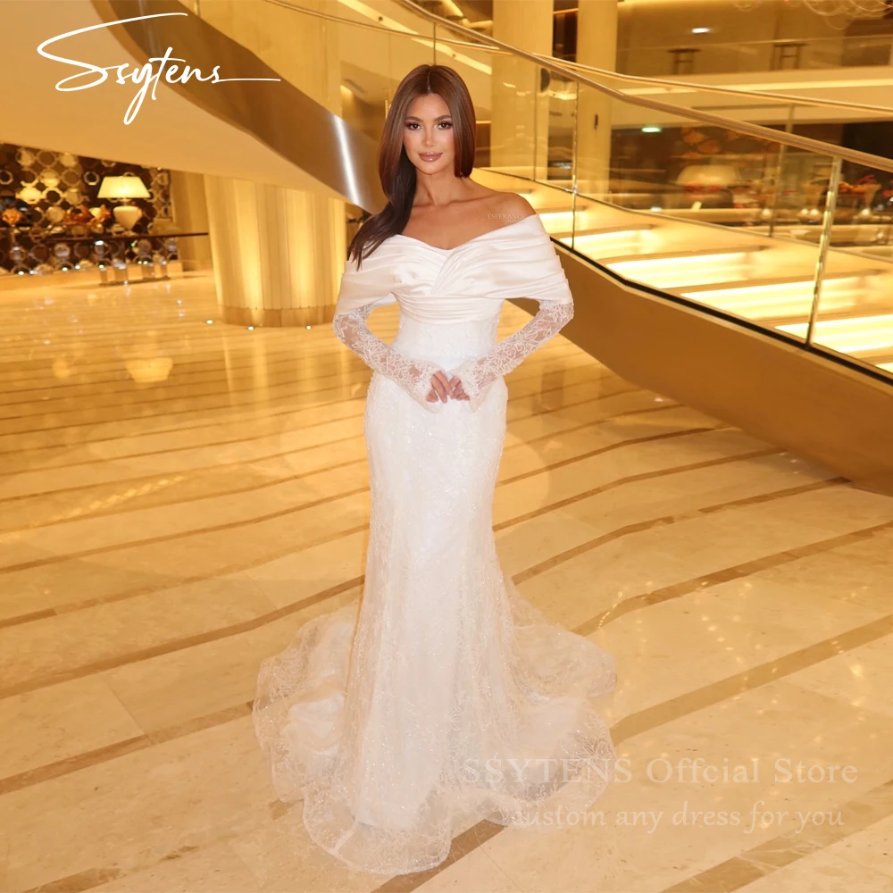 Unikatowe suknie ślubne SSYTENS w kolorze kości słoniowej, suknie ślubne typu syrena, z długimi rękawami, cekinami, koronką, Vestidos De Novia, Robe De Mariée, szyte na miarę