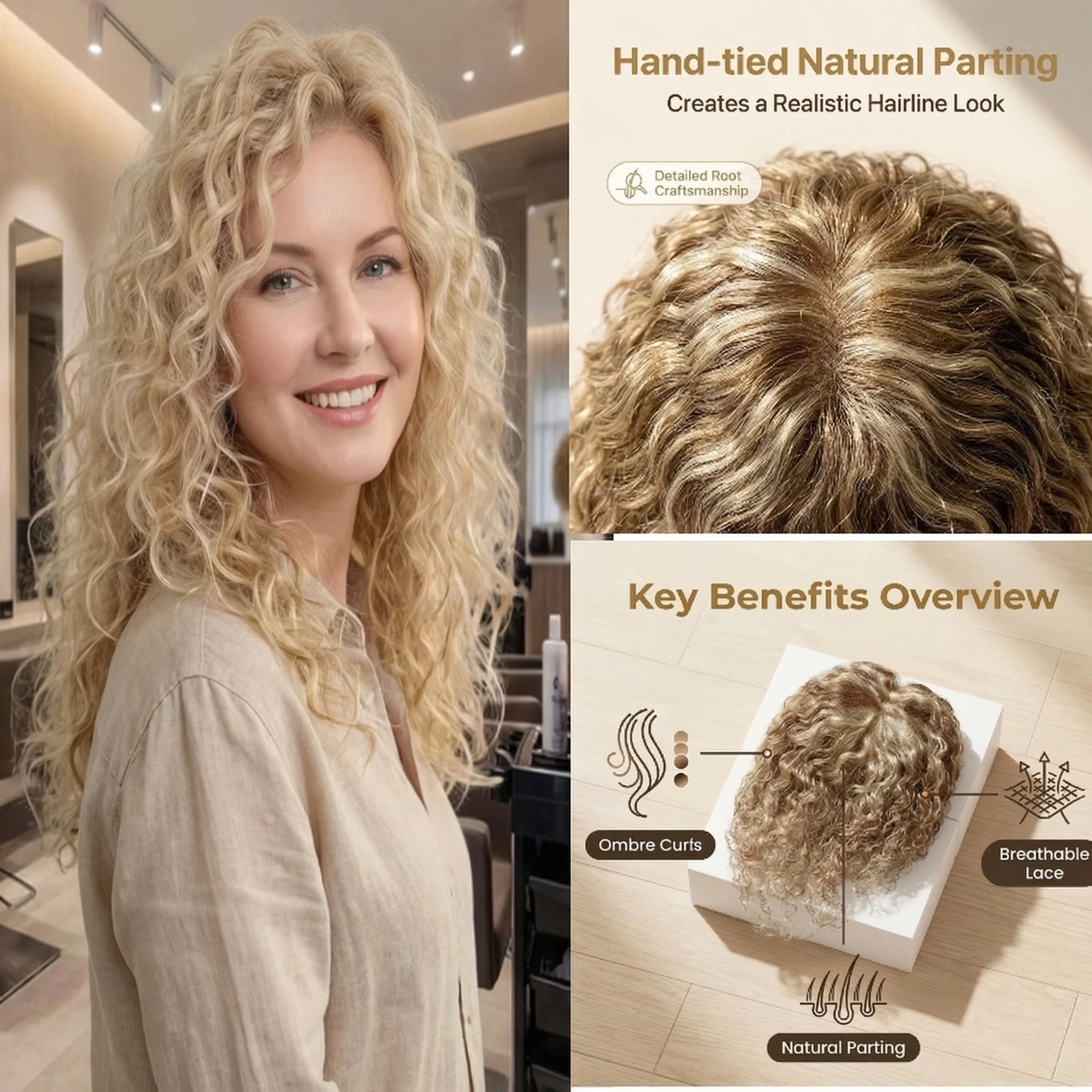100% Echt Haar Topper Volledige Zwitserse Kant Handgeknoopte Pruik |   Comfort Fit Clip-in Haarstukje |   Losse golf pruik op maat - afbeelding 2