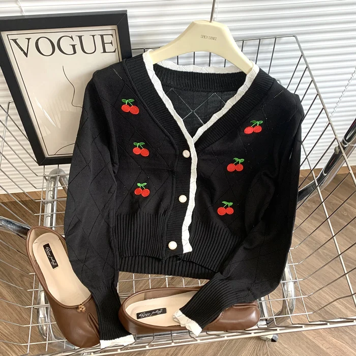 Cherry Cardigan Cute Applique Long Sleeve Button Front Sweater Jacket for Women Autumn Winter Vintage Cottagecore Outfit