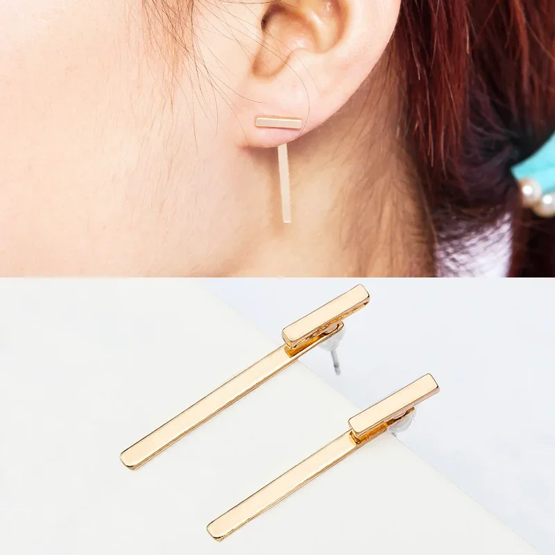 Simple Style Short Stick Stud Long Stick Pendant Golden Silver Plated Metallic Geometric Stud Earrings for Women
