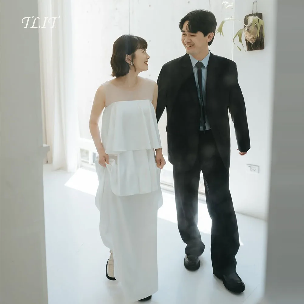 فستان زفاف أنيق من الساتان والحرير الأبيض من TLIT برقبة دائرية بدون أكمام فستان حفلات كوري فستان الزفاف صور تبادل لاطلاق النار حسب الطلب