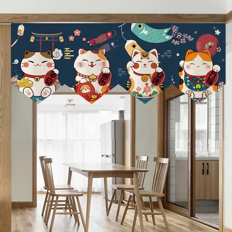 Short Door Curtain Lucky Cat Pennant Kitchen Partition Half-curtain Living Room Children Room Decor Hanging Curtains