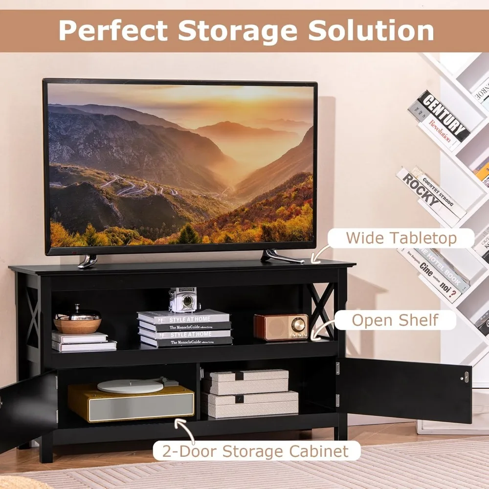 

TV Stand with Power Outlet for TVs up to 50 Inch, Entertainment Center with 2-Door Cabinet, Storage Shelf, 2 Cable Holes.