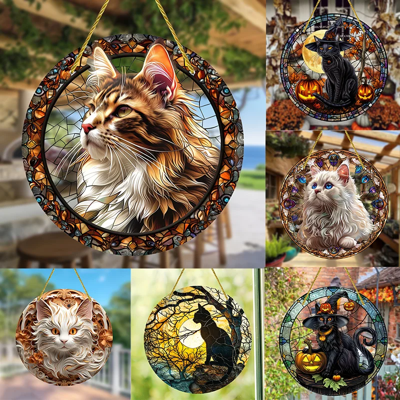 Cute Cat,Suncatcher Craft Stained Acrylic,Suncatchers Catcher,Halloween Ornament Hanging,Home,Garden,Wall Decor,Gift for friends