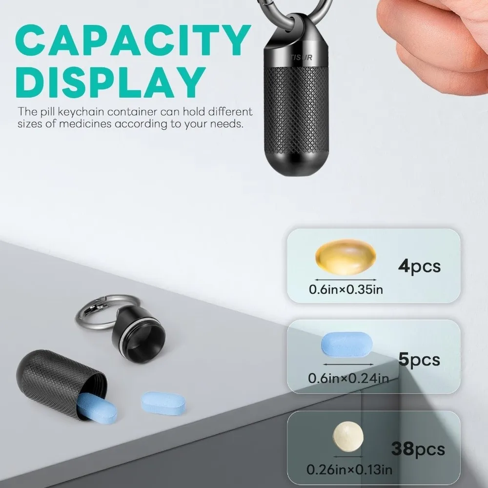 Metal Pill Keychain Container Durable Black Silver Pocket Pill Holder Moisture-resistant Multi-size Travel Pill Dispenser