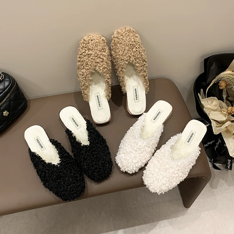 Aphixta 2.5cm Square Heel Warm Winter Furry Slide Kid Suede Women Slippers Women Shoes Round Toe Low Heel Slip On Hair Slides