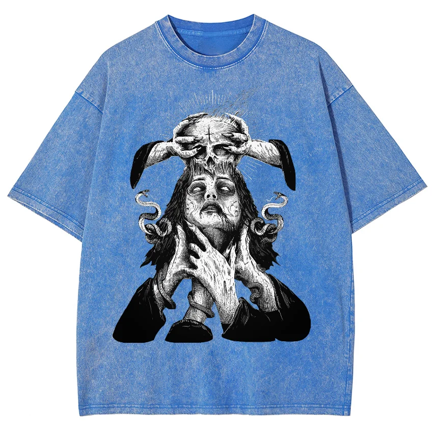Scary Character Snake Print Cotton Women Washed T-Shirt Summer Oversized Loose Half Sleeve High Street Punk Retro Top Unisex