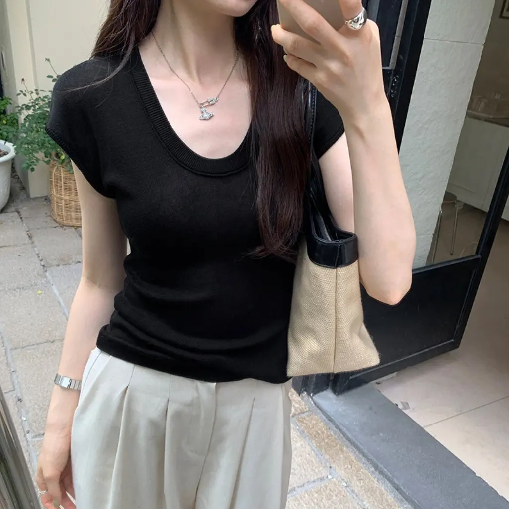 

Women's Basic Solid Color U Collar Short-Sleeved Knit T-shirt Slim Fit Stretch Summer Top All-Match Inner Wear