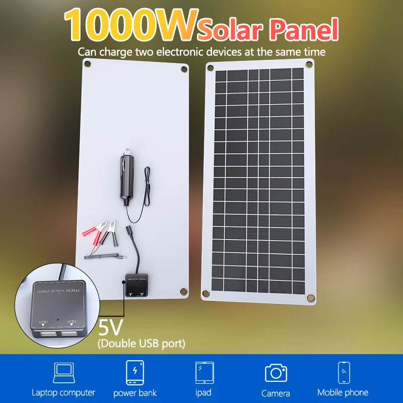 1000W 12V Solar Panel Charging Kit Includes 100A Controller Multi Functional Solar Panel Powers Phones RV Car Boat and Outdoor