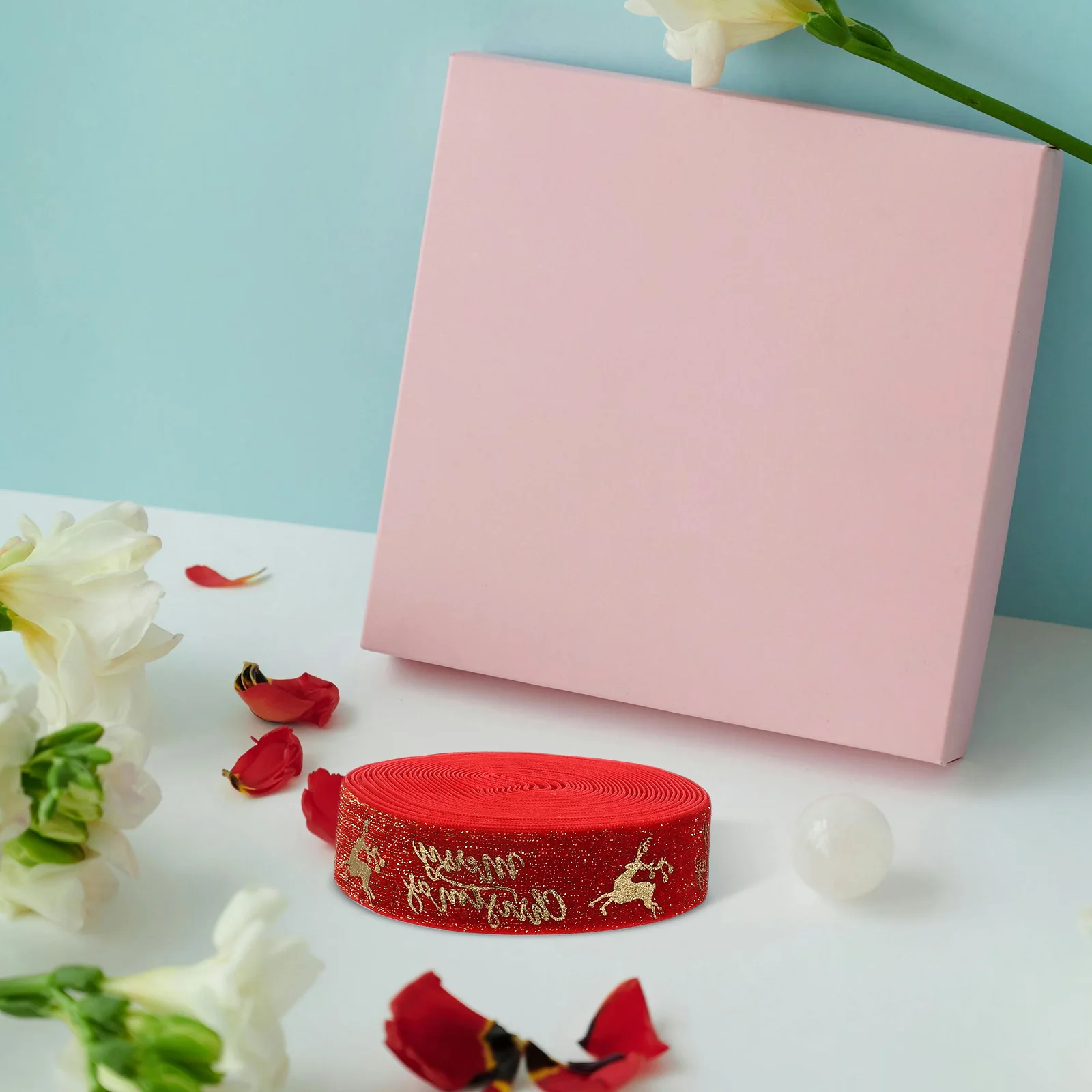 

2Pcs Flocked Ribbon Gold Foil 5 Yard Wired Edge for Christmas Decor Gift Wrapping Bows Crafts Christmas Wrapping Ribbon