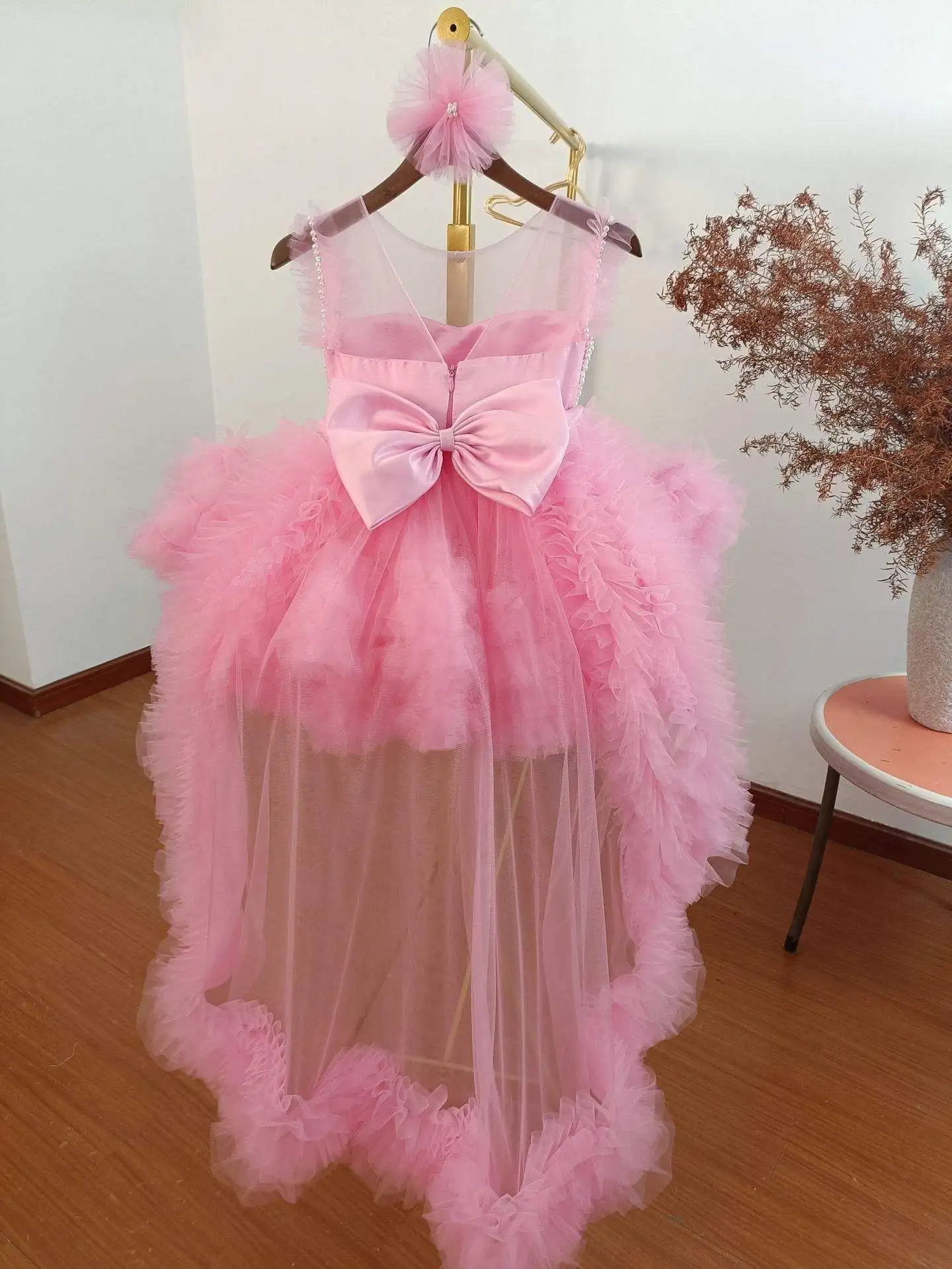 Gorgeous PINk OR Green Long Tail Kids Girl Dress Bead Design Baby Birthday Gift For fluffy Dresses Party First Communion Gowns