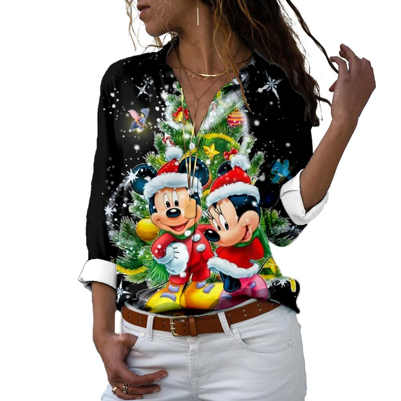 2022 autumn Christmas new top cartoon slim long-sleeved Disney Minnie Mouse pattern shirt spring chiffon loose top