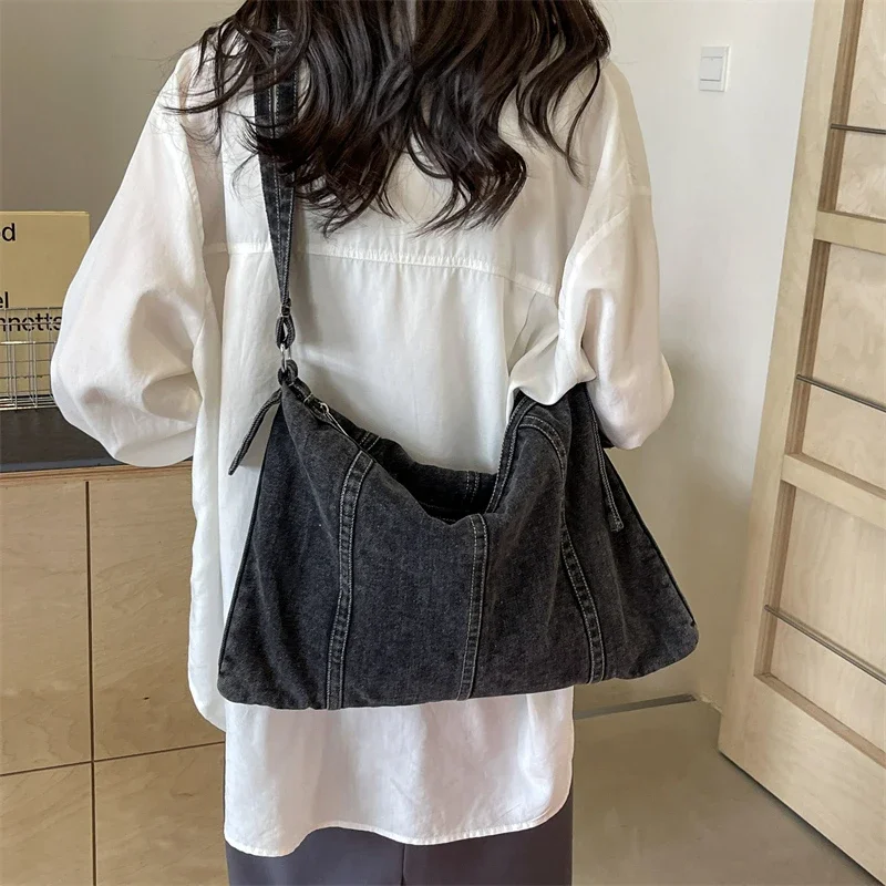 Large Capacity Sewing Thread Denim Zipper Solid Crossbody Bags 2024 High Quality Basic Style Fashion Shoulder Bags for Women