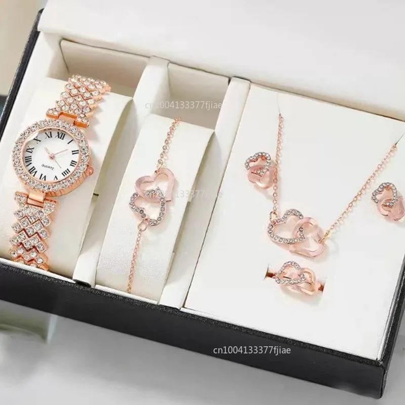 

6pcs Luxury Dainty Quartz Watch with Heart Jewelry Set for Women Rhinestone Watch Heart Necklace Bracelet Earrings Ring Set