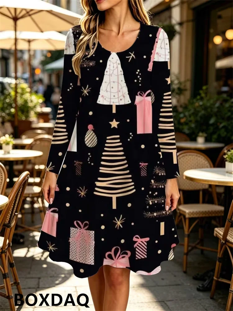 2027 Women's Fashion Party Dress Casual Long Sleeve Round Neck Christmas Tree Gift Pattern Printed Loose Autumn/Winter Dresses