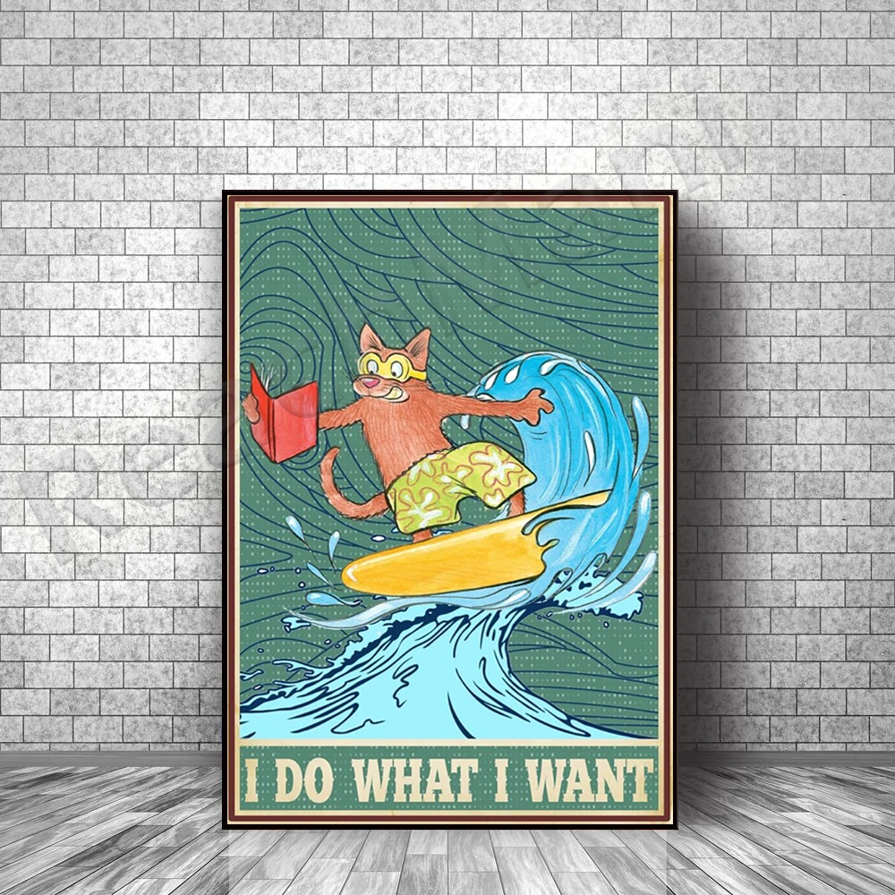 أفعل ما أريد ملصق هدايا القطط المضحكة، ملصق ركوب الأمواج على شكل قطة