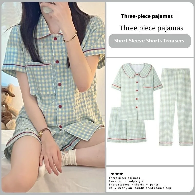 Three-Piece Set Ladies Pajamas Set Short-Sleeved Plaid Senior Sense Cardigan Home Wear Simple Christmas Girl Sleepwear Winter