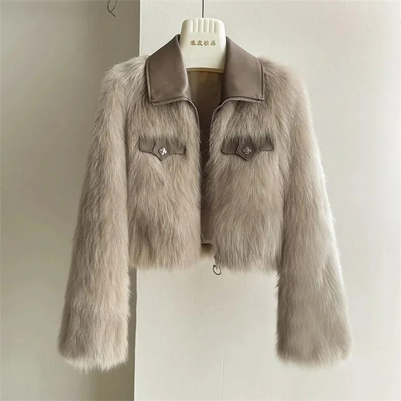 

Fashion Autumn Winter Artificial Fur Coat Women's Lapel Imitation Fox Fur Long sleeved Short Jacket Korean Zipper Thicken Top