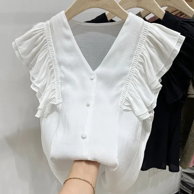 Pleated Sleeveless Button Blouse Summer New Solid Color V Neck Loose Youth All-match Shirt Tops Vintage Fashion Women Clothing