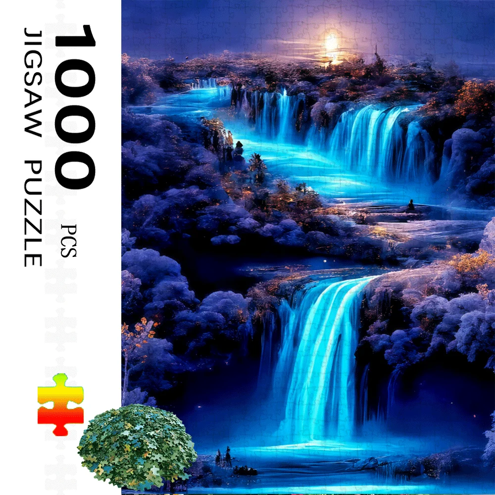 Rompecabezas de cascada con luz de luna de 1000 piezas: cielo nocturno azul y morado brillante con cascadas en cascada, desafío para adultos y familias,
