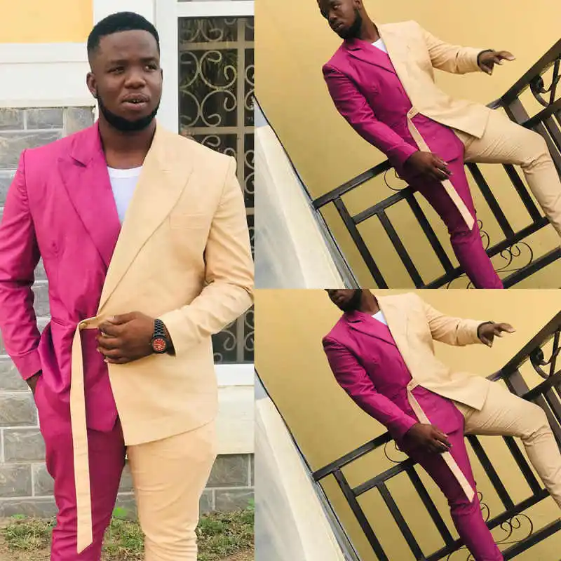 

Modern Color Block Wedding Suits For Groom Peaked Lapel Straps Tuxedos 2 Pcs Jacket Pants Prom Party Prom Customized