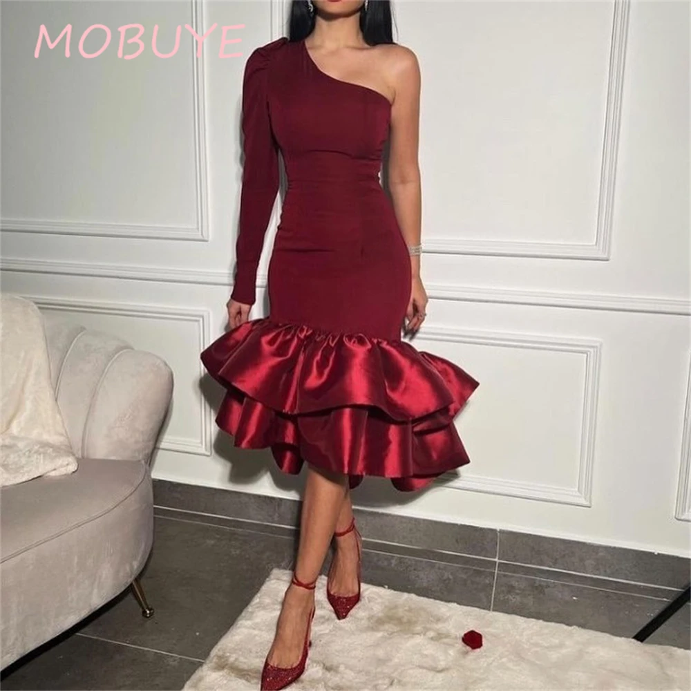 

MOBUYE 2024 Popular One Shoulder Prom Dress Tea -Length With Ankle Mermaid Evening Fashion Elegant Party Dress For Women