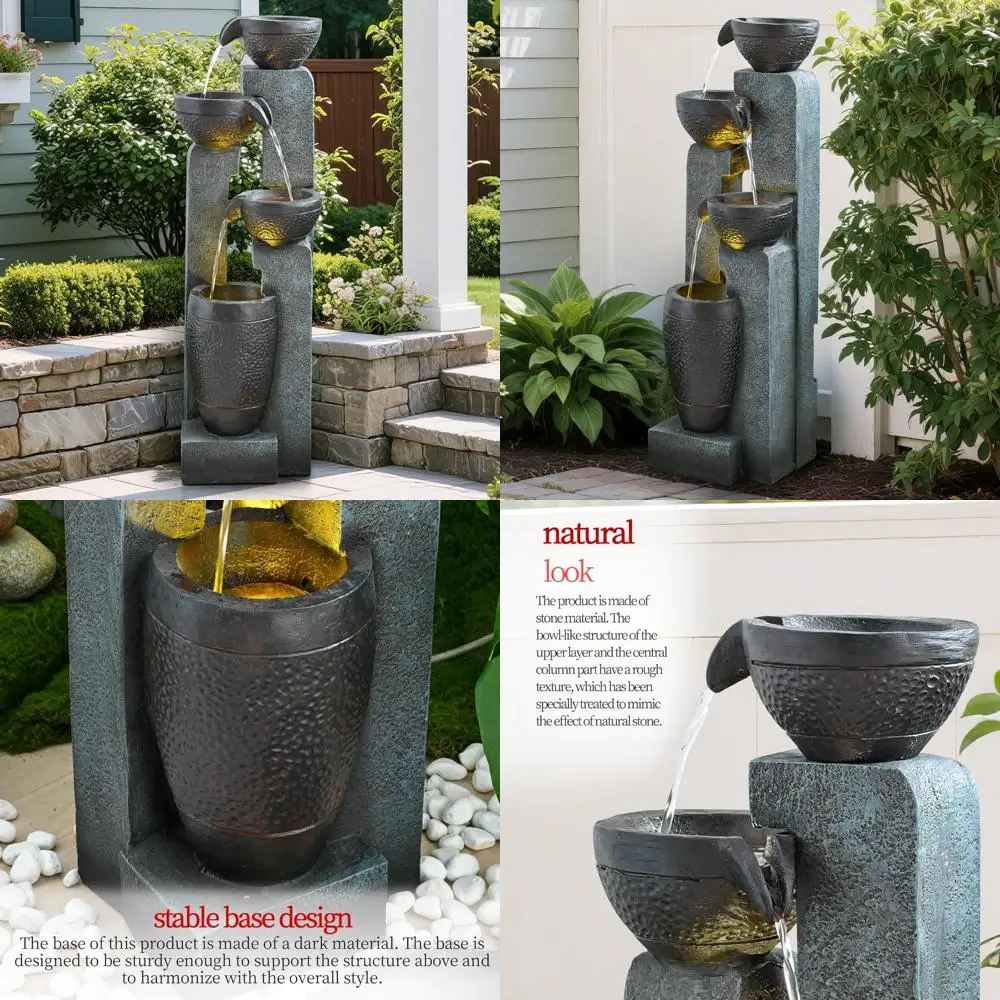 

40-дюймовый многоуровневый фонтан для воды на открытом воздухе и в помещении — серый каменный водопад для патио