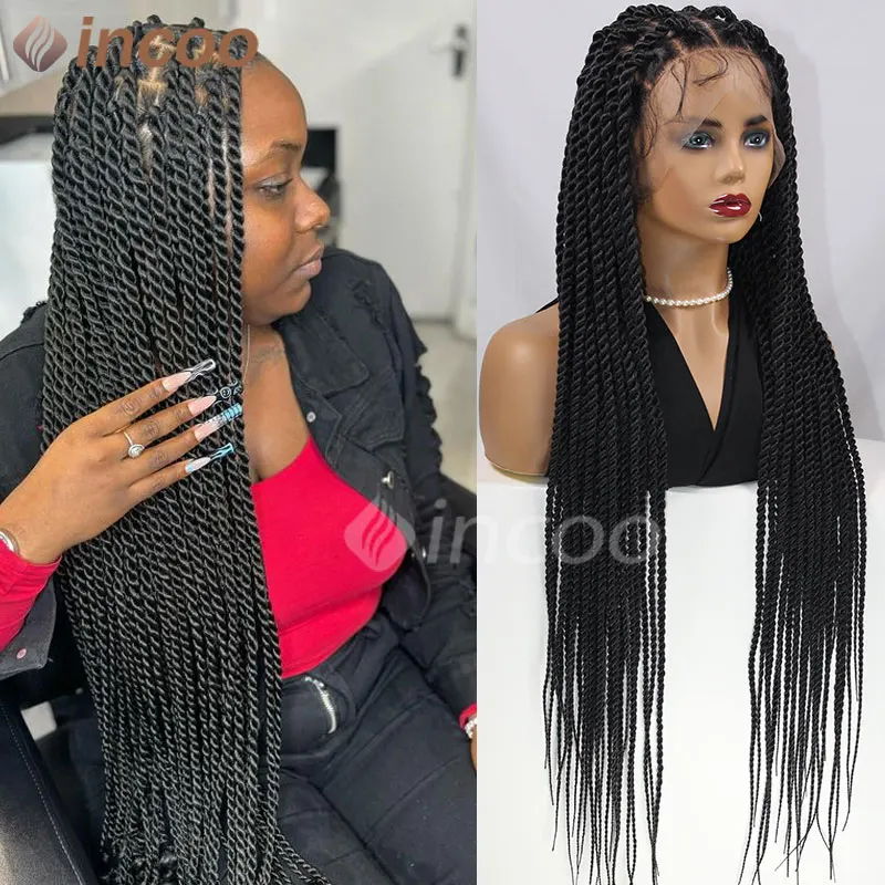 

36'' Twist Braided Wig Synthetic Full Lace Front Box Knotless Braided Wig Senegalese Knotless Twist Braids For Women Goddess Wig