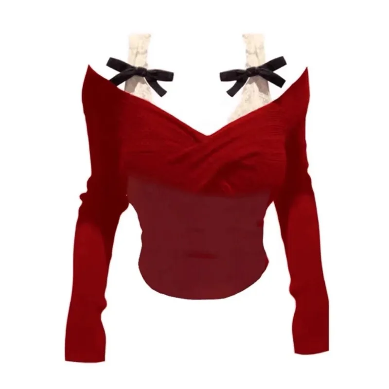 

Long Sleeved Underlay Top Female Snowy Night Barbie Autumn Winter New Retro Style Lower Back Knitting Design Sense Bow Knot Y2k