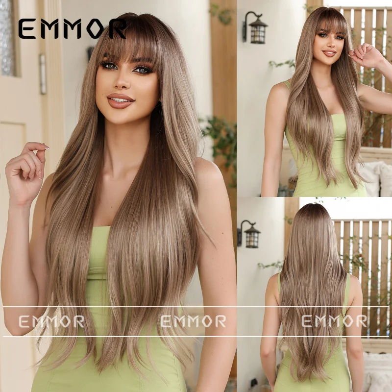 Women's with Straight Bangs, Brown Long Curly Hair, Naturally Voluminous Full Synthetic Wig