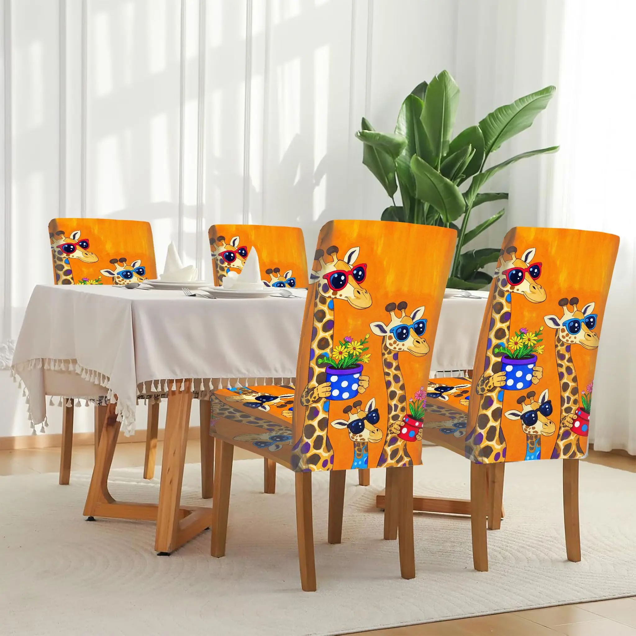 

Эластичный чехол для обеденного стула с ярким рисунком жирафа, оранжевый, съемный, моющийся, для домашнего использования.