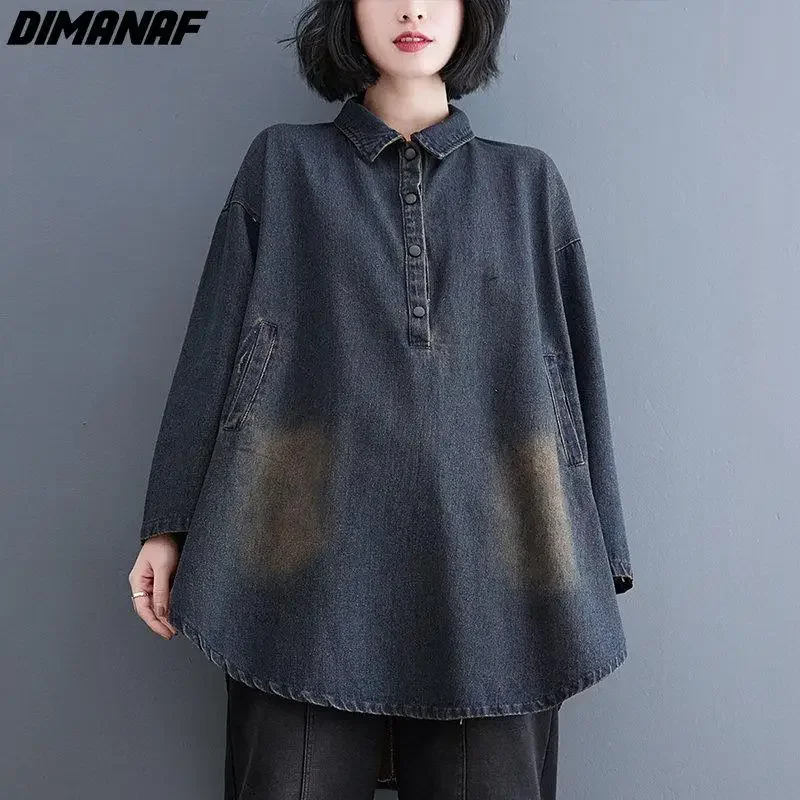 

Dimanaf 2024 Plus Size Spring Blouse Casual Long Sleeve Shirt Denim Women Solid Long Sleeve Oversize Loose