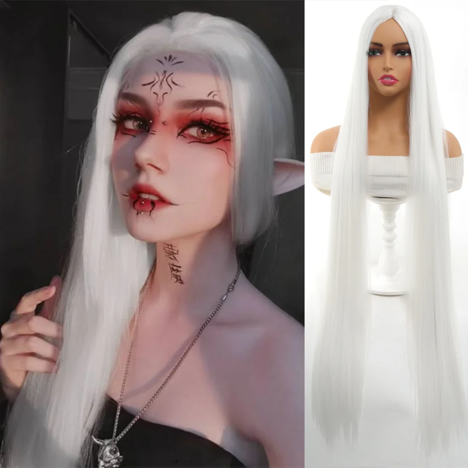 Synthetic 40 inch white long straight hair wig cosplay  Kaguya wig, Halloween prank wig props Christmas gift