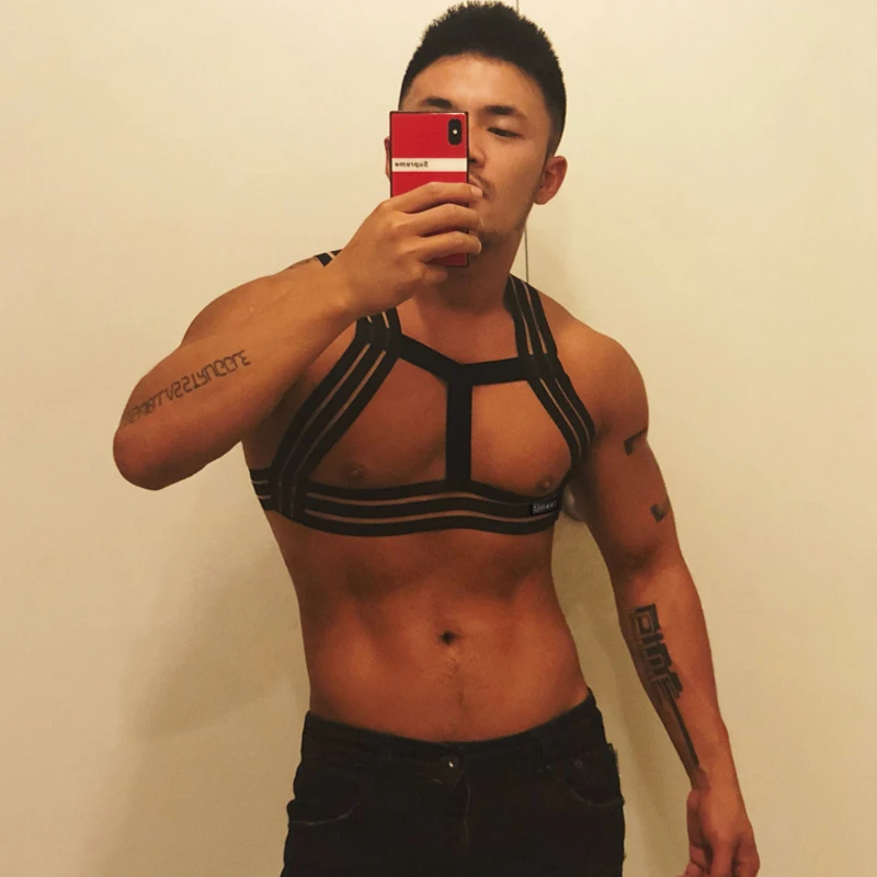 

Men's Sexy Erotic Neck Chest Body Harness Flirt Fetish Costume Wetlook Hollowed Out Halter With Open Buns Straps Thong Set