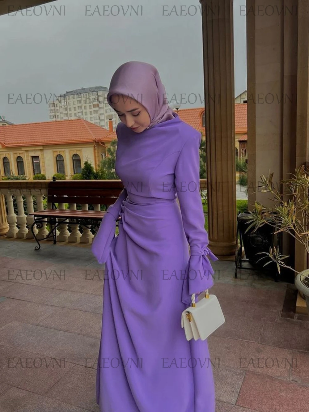 Disesuaikan tengah timur gaun warna Solid lengan panjang Ruffles Islam gaun Prom gaun selubung wanita gaun malam Dresses رomysemi