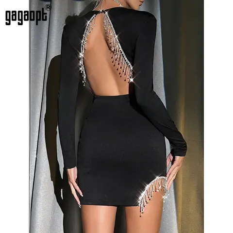 Gagaopt Rhinestone Chain Tassel Design Fashionable Dress Elegant Women Mini Sexy Backless Hollow Slim Party Dresses