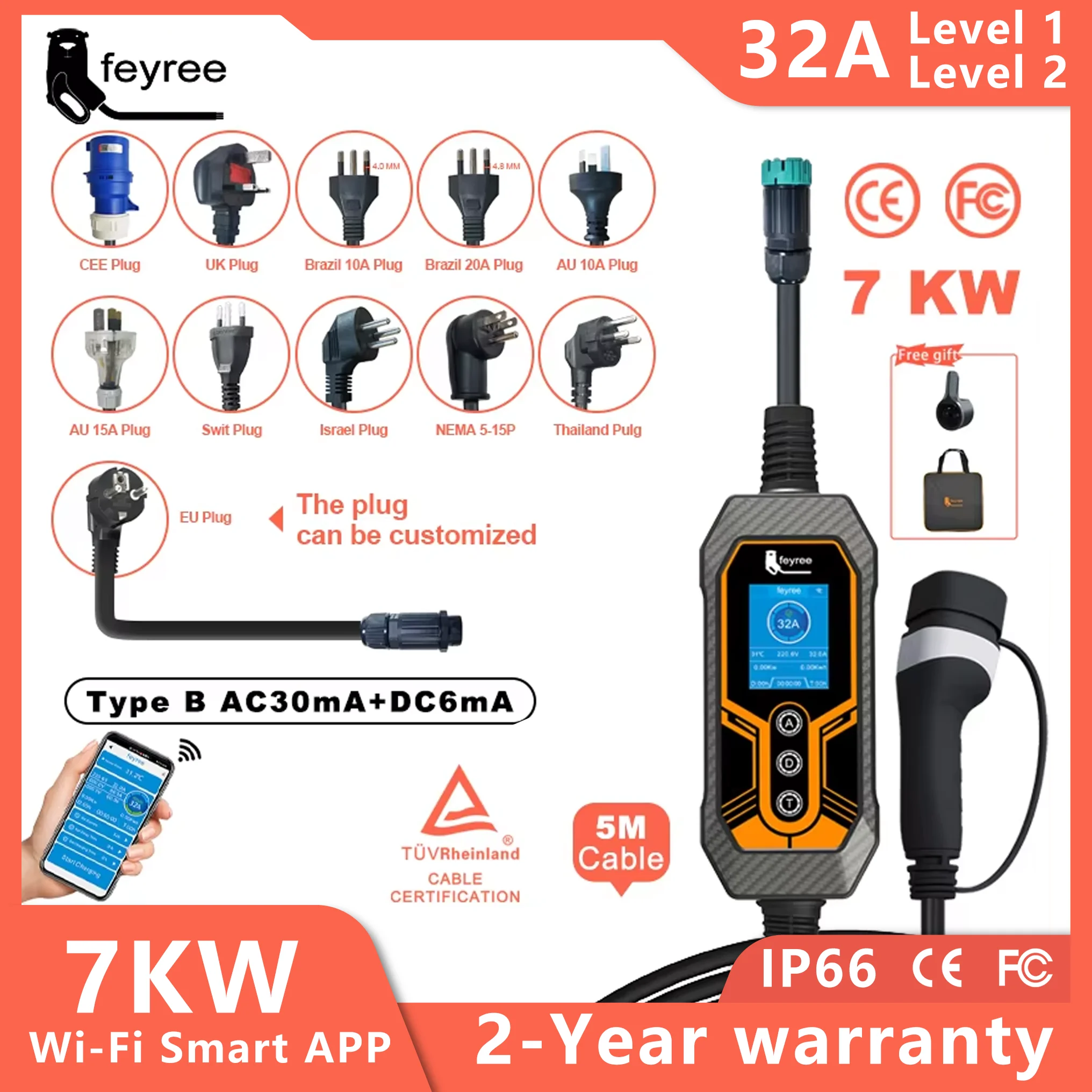 feyree Type2 Cable 7KW 32A Portable EV Charger APP WIFI Control Current Adjustable Set Delay Time EVSE for Electric Car Chager