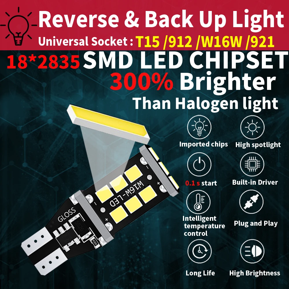 2x T15 W16W ليد فائق السطوع 15SMD 2835 921 912 LED Canbus لا خطأ سيارة احتياطية وقف الاحتياطي أضواء لمبة مصباح مكبح أحمر أبيض #2