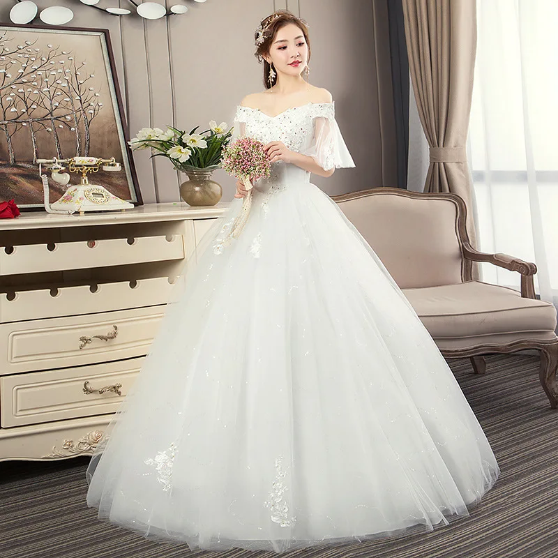 Es Yiiya vestido de novia blanco con apliques de cuentas, hombros descubiertos, cordones, Princesa, longitud hasta el suelo, talla grande, vestido de baile de novia, FH094