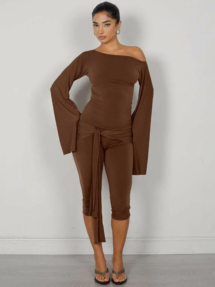 Mozision-Conjunto de pantalones drapeados hasta la rodilla para mujer, Tops de manga larga con cuello oblicuo y quintos pantalones a juego, conjuntos de 2 piezas