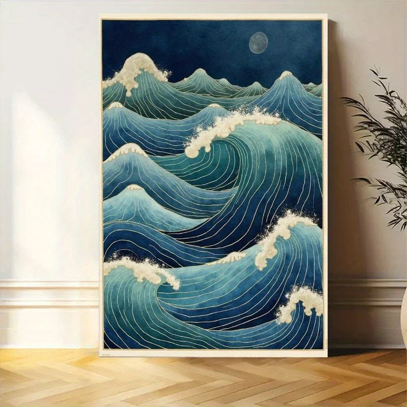 طباعة فنية قماش Ukiyo-e اليابانية بدون إطار على شكل موجة المحيط - لوحة ساحلية باللون الأزرق الداكن والفيروز، ديكور جداري حديث وبسيط #5